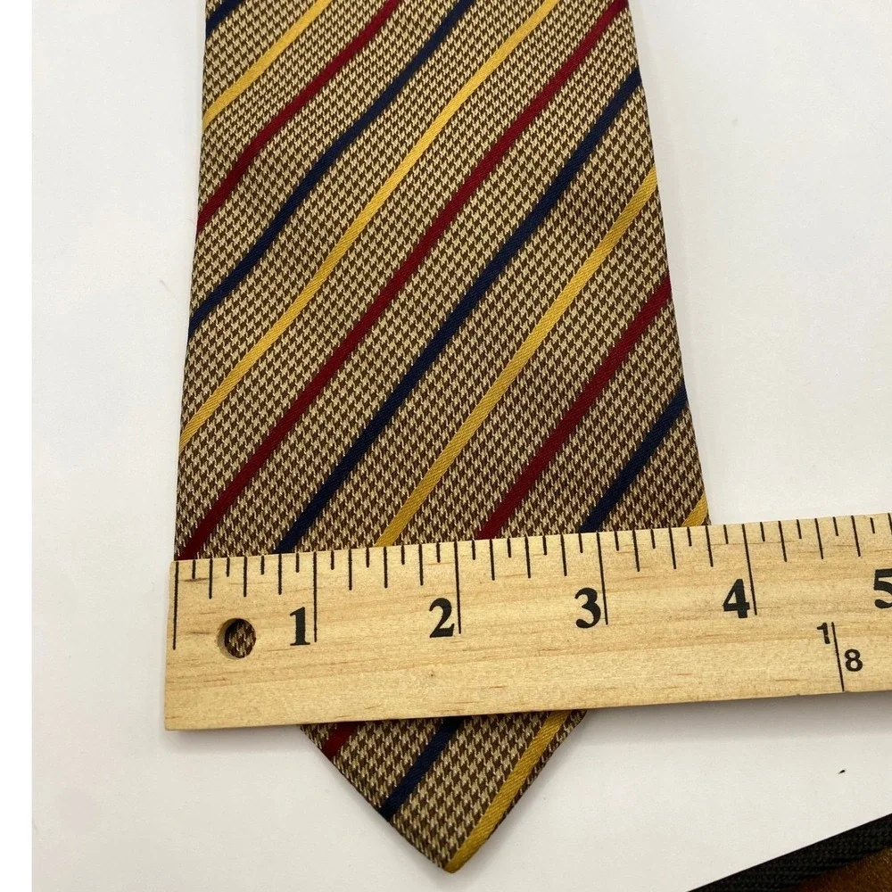 Neiman‎ Marcus Silk Tie Mens Tan Houndstooth Striped Blue Red Gold Made in Italy